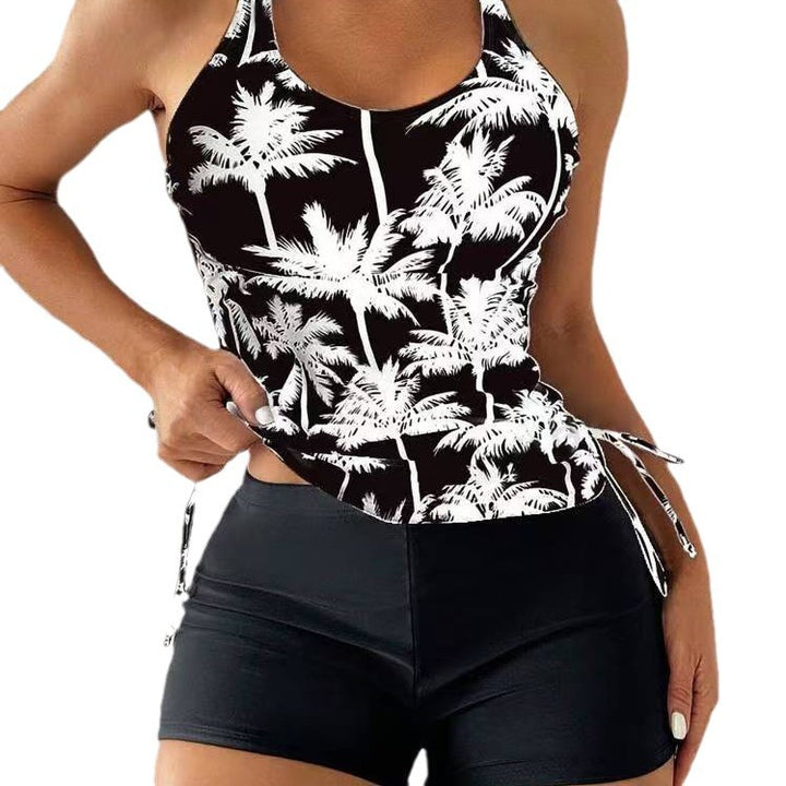 Damen Sportliches Tankini-Set mit modischem Palmendruck und hoher Taille Drune