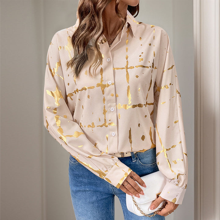 Damen lässige Bluse mit elegantem Goldmuster und lässigen langen Ärmeln Drune