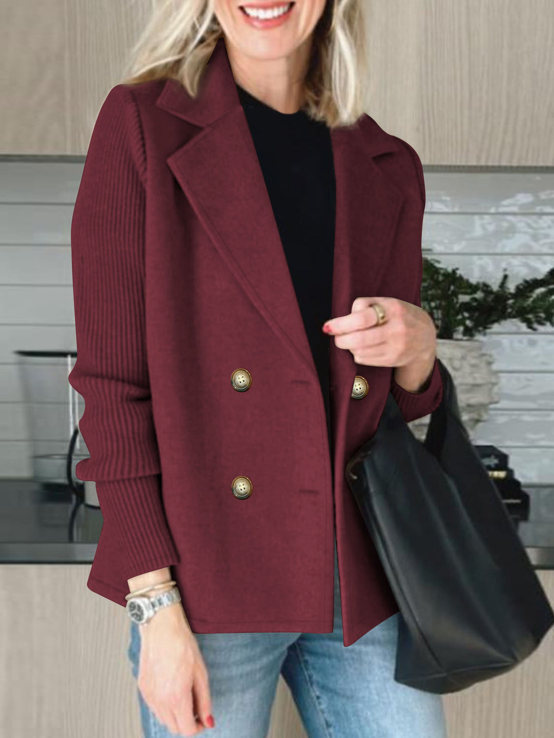 Damen eleganter Oversized-Blazer mit doppelter Knopfleiste und strukturiertem Ärmel Drune