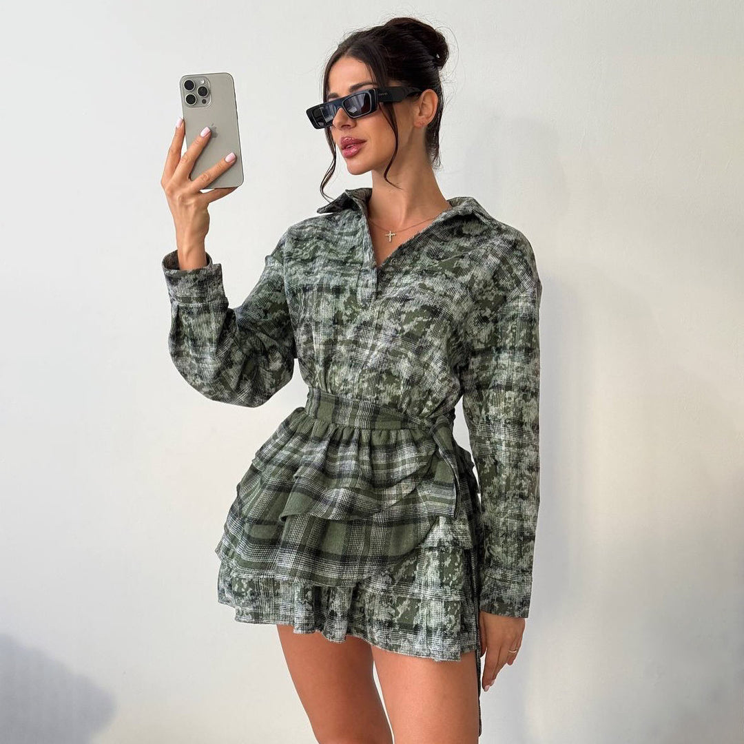 Damen Hemdkleid mit verstellbarem Taillengürtel und frischem Karomuster Drune
