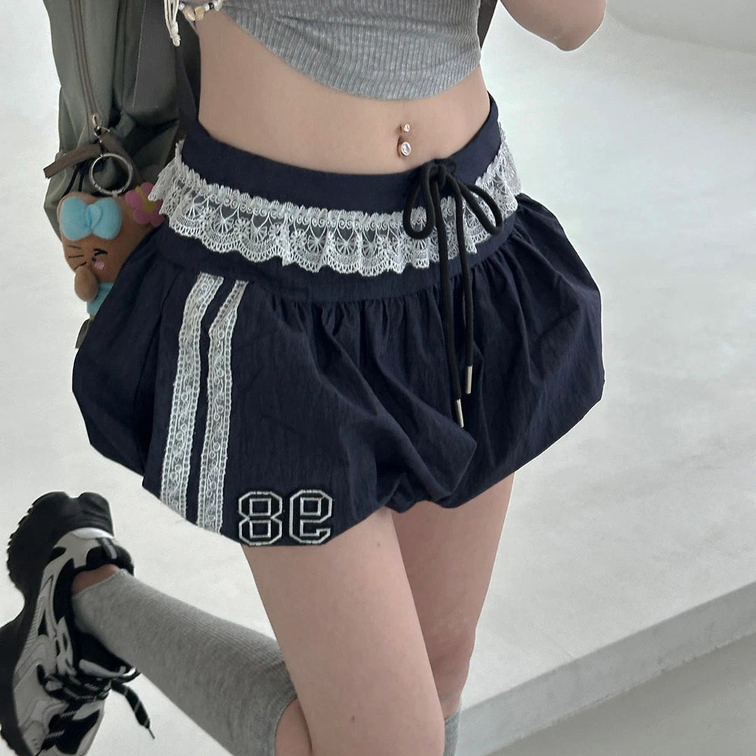 Damen sportliche und modische Shorts mit elegantem Spitzenbund und regulierbarem Taillenband Drune
