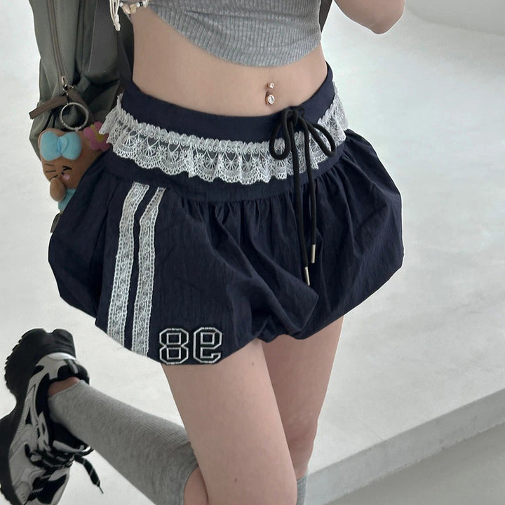 Damen sportliche und modische Shorts mit elegantem Spitzenbund und regulierbarem Taillenband Drune