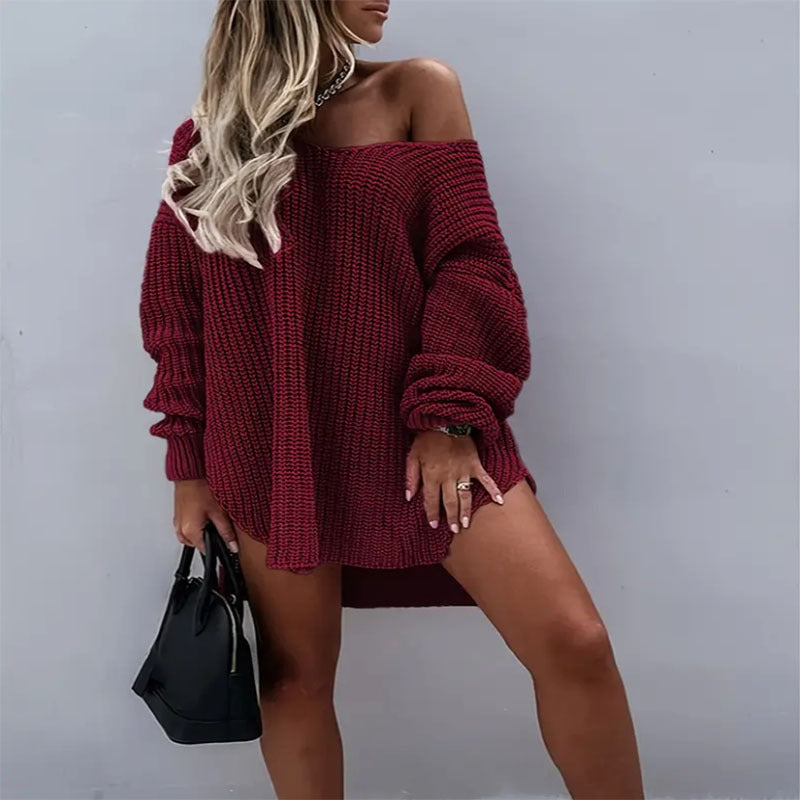 Damen Oversize Strickkleid mit weitem Rundhalsausschnitt und lässiger Passform Drune