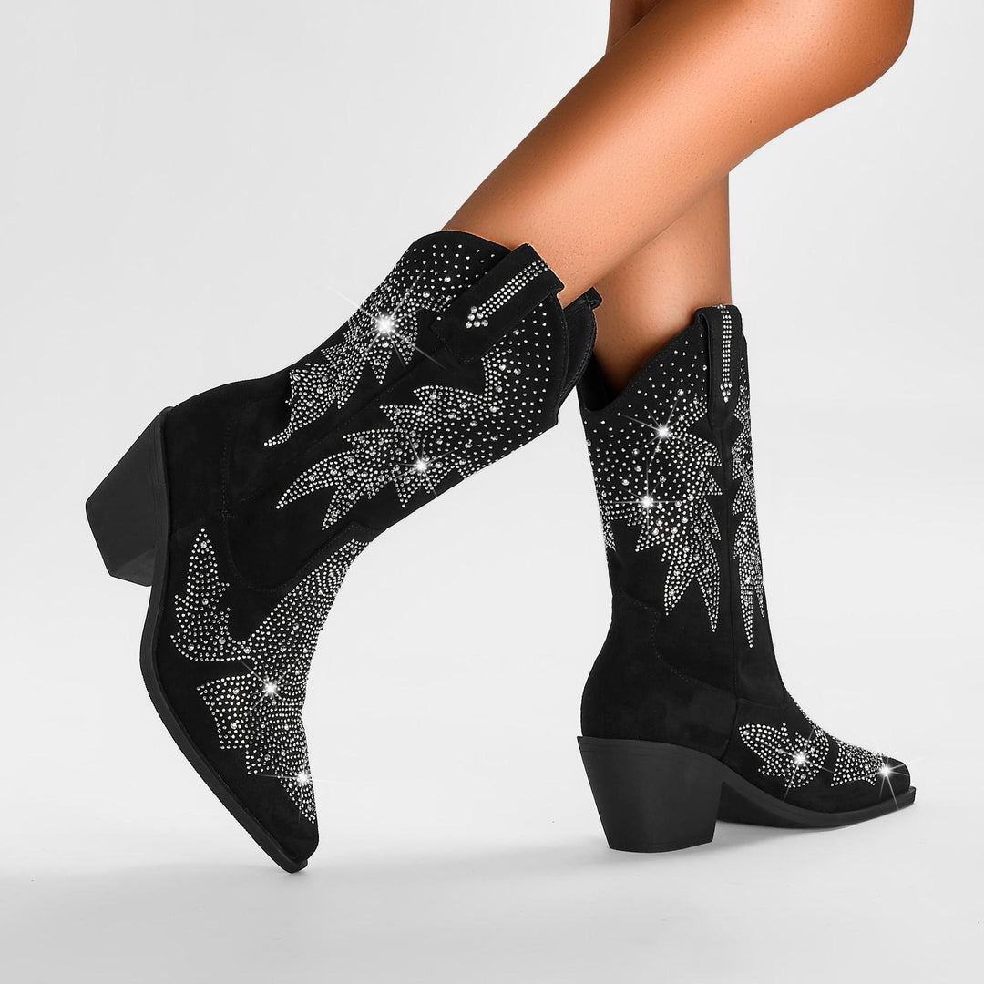 Damen Glänzende Strass-besetzte Western Cowboy-Stiefel Drune