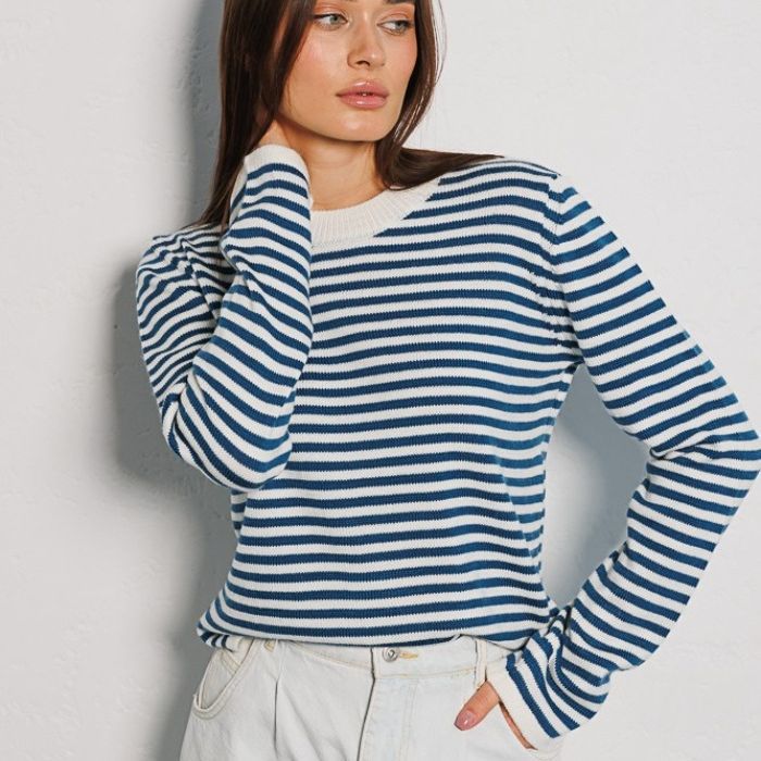 Damen Tragbarer Langarmpullover aus weichem Baumwollmix mit Streifenmuster Drune