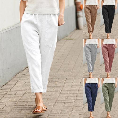 Damen nan legere Leinen-Baumwollhose mit elastischem Bund, aufgesetzten Taschen und konischer Beinform Drune