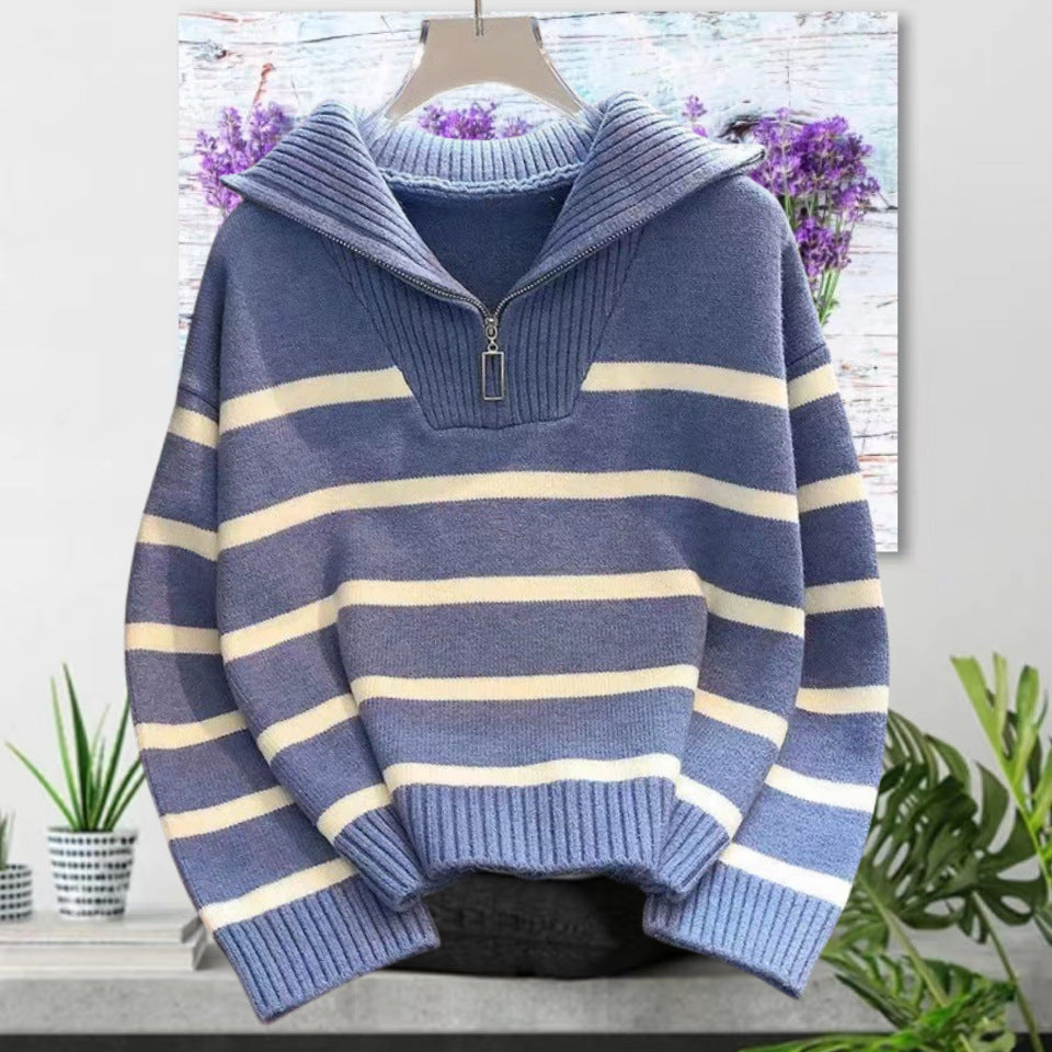 Damen gestreifter Pullover mit hohem Kragen und Reißverschluss Drune