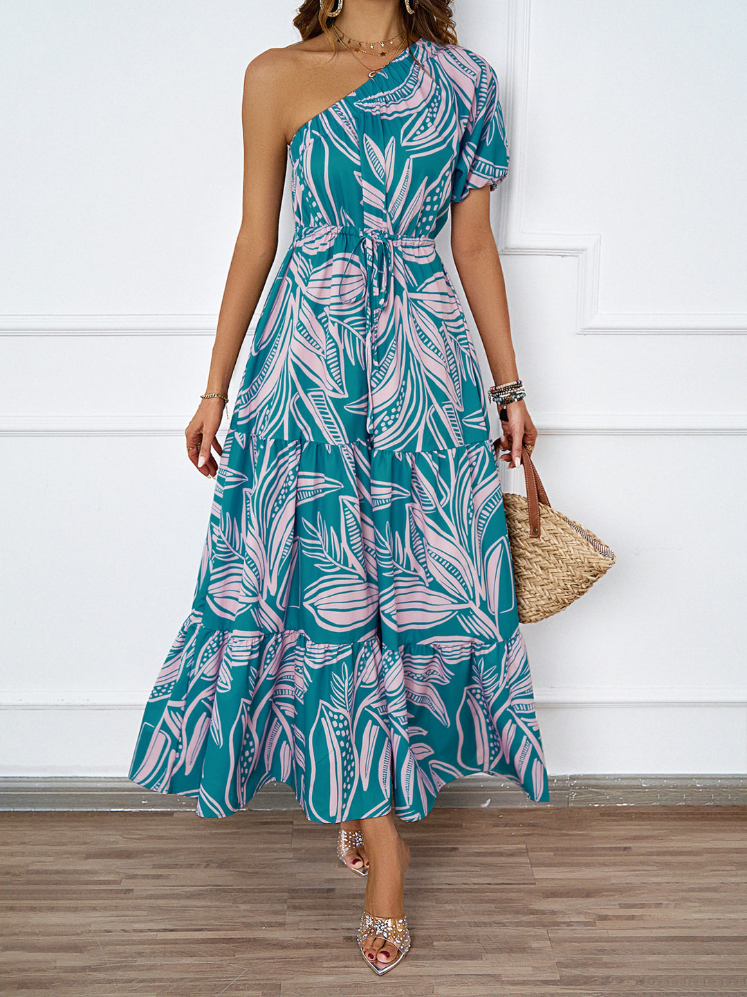 Damen Maxikleid im asymmetrischen Design mit floralem Muster und Wickelgürtel Drune