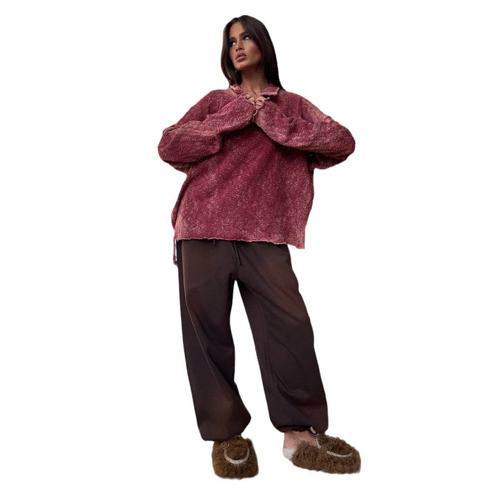 Damen Lässiger Oversized Pullover mit Rüschensaum und V-Ausschnitt Drune