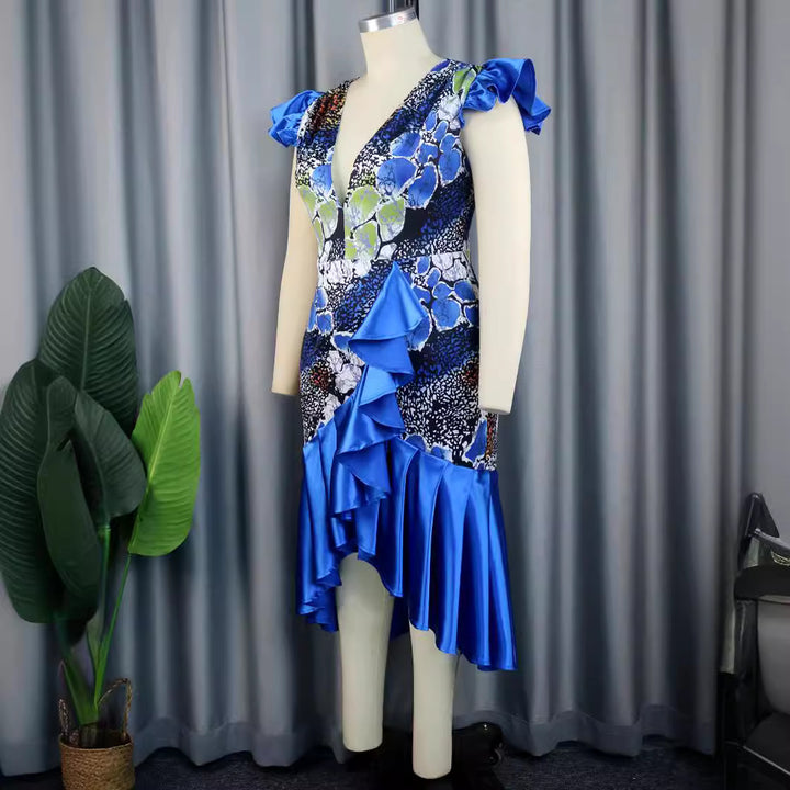 Damen Festliches Kleid mit voluminösem Rüschensaum und tiefem V-Ausschnitt Drune