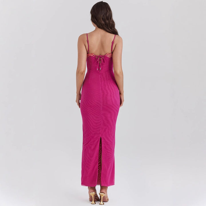Damen figurbetontes Maxikleid mit transparentem Saum und romantischem Spitzenakzent Drune