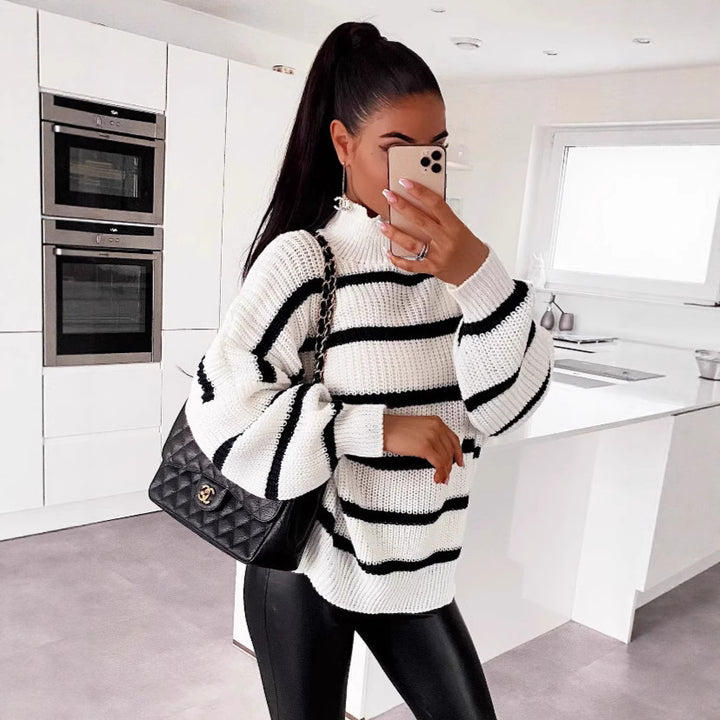 Damen lockerer Strickpullover mit modischem Streifenmuster und hohem Kragen Drune