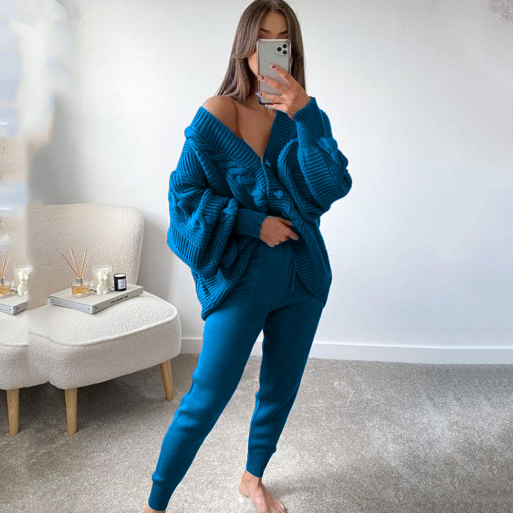 Damen Grobstrickjacke mit V-Ausschnitt und Knöpfen Drune