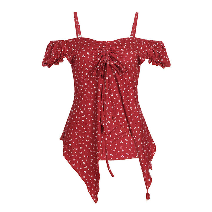Damen Off-Shoulder-Oberteil mit süßem Blumenmuster und Raffung Drune
