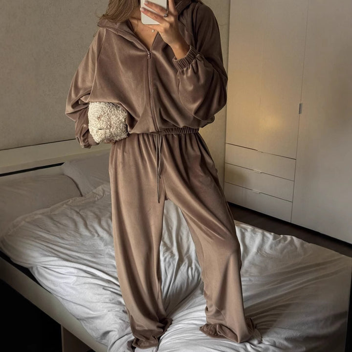 Damen sportlicher Fleece-Jogginganzug mit praktischen Taschen und hohem Kragen Drune