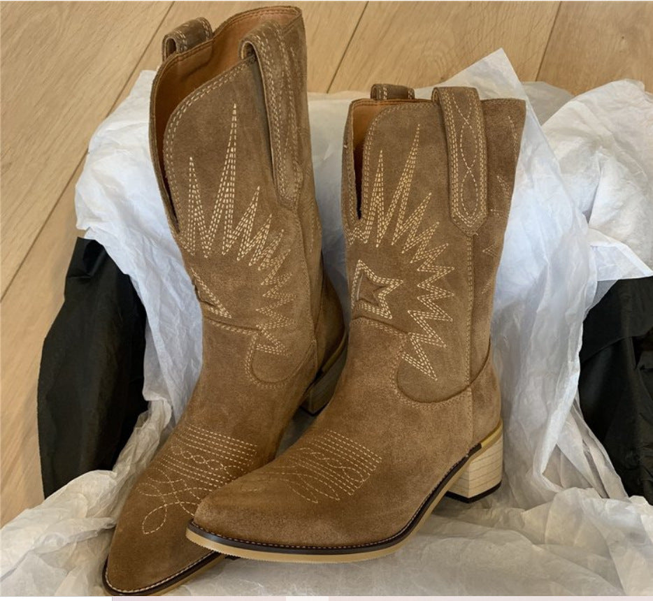 Damen nan Wildleder Westernstiefel mit spitzer Kappe und mittelhohem Blockabsatz Drune