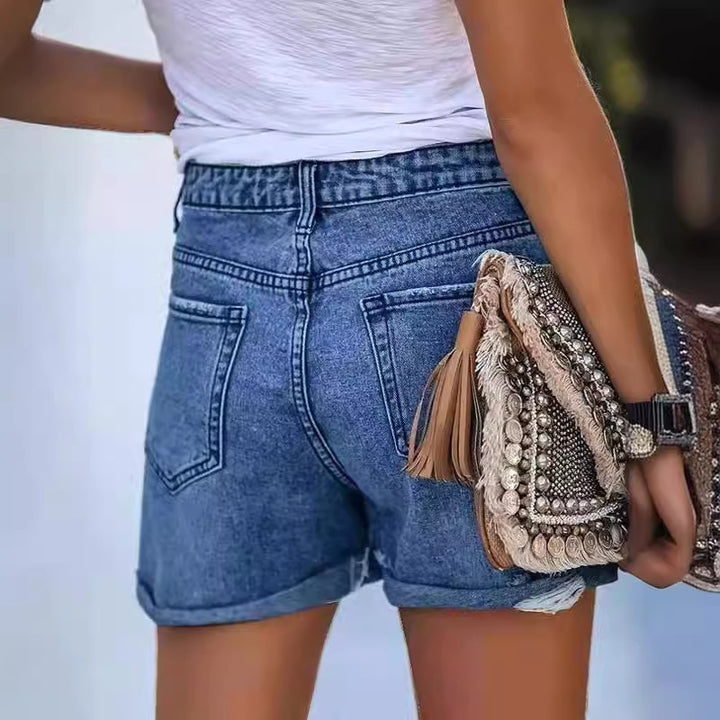 Damen Sommerliche Destroyed Jeansshorts mit umgeschlagenem Saum Drune