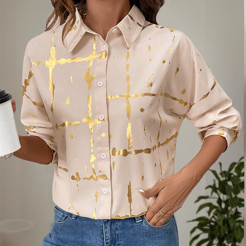 Damen lässige Bluse mit elegantem Goldmuster und lässigen langen Ärmeln Drune