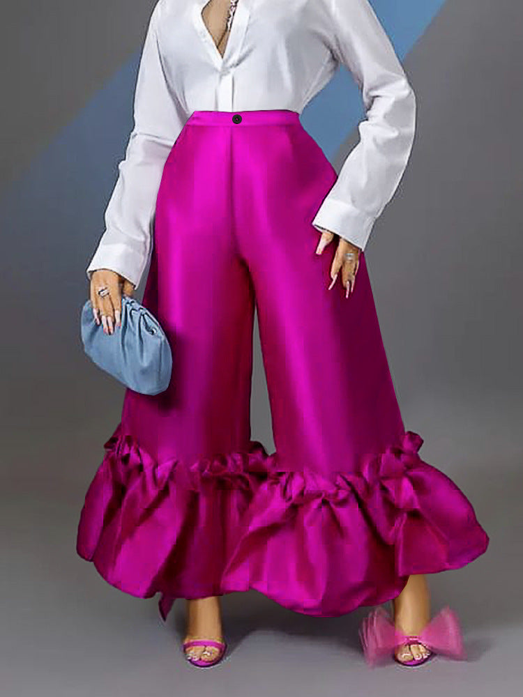 Damen elegante weite Hose mit voluminösem Rüschenabschluss Drune