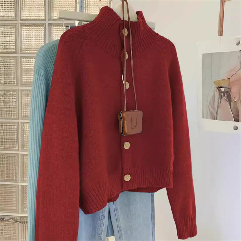 Damen knielange Strickjacke mit Stehkragen und modischen Holzknöpfen Drune