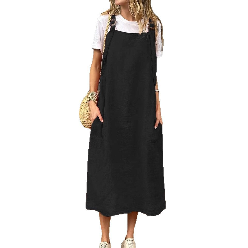 Damen Lässiges Leinenkleid mit verstellbaren Trägern und praktischen Taschen Drune