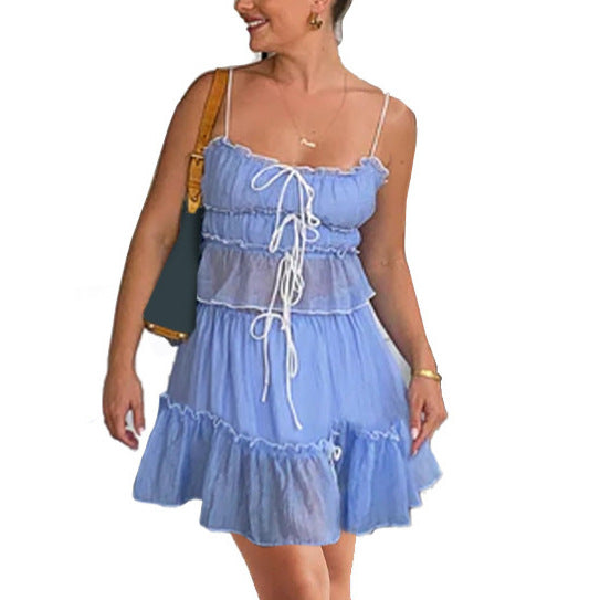 Damen luftiges Wickelkleid mit Rüschendetails und Kontrastbändern Drune