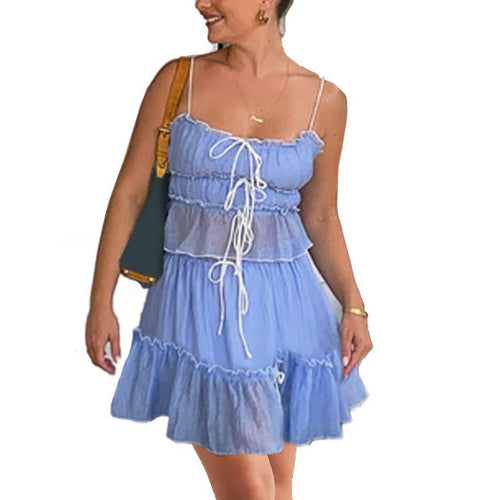 Damen luftiges Wickelkleid mit Rüschendetails und Kontrastbändern Drune