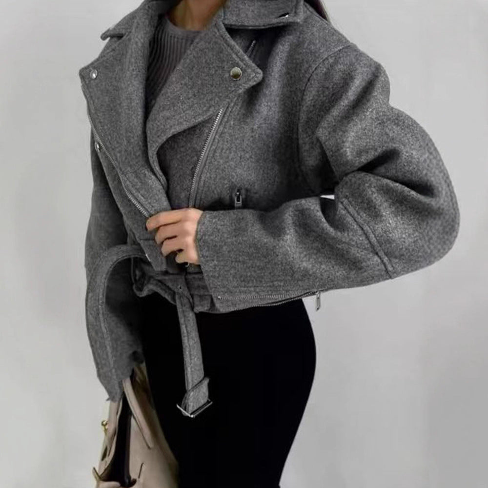Damen elegante cropped Lederjacke mit asymmetrischem Reißverschluss und Gürtel Drune