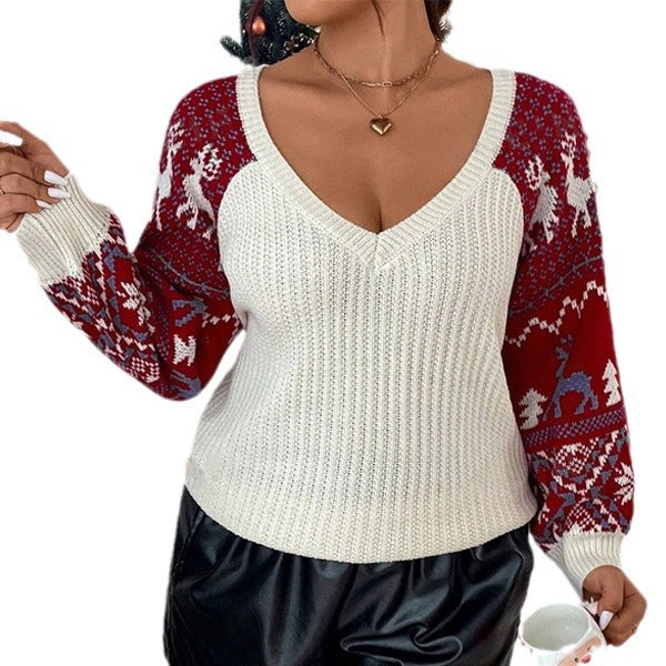 Damen V-Ausschnitt Strickpullover mit festlichem Muster und lässigen Ballonärmeln Drune