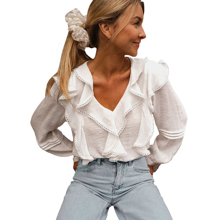 Damen Bluse mit Rüschendetails und elegantem V-Ausschnitt Drune
