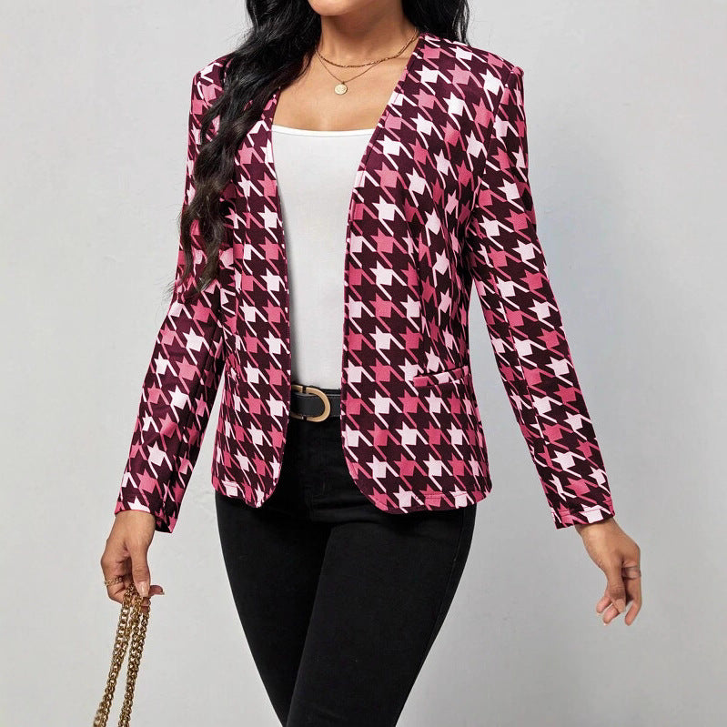 Damen modische Blazerjacke mit auffälligem Hahnentritt-Muster und taillierter Passform Drune