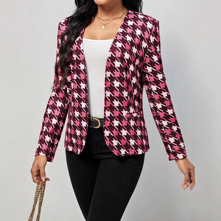 Damen modische Blazerjacke mit auffälligem Hahnentritt-Muster und taillierter Passform Drune