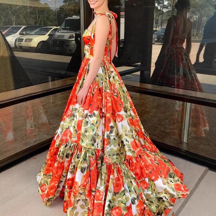 Damen Festliches Maxikleid mit floralen Rüschendetails und schwingendem Rock Drune