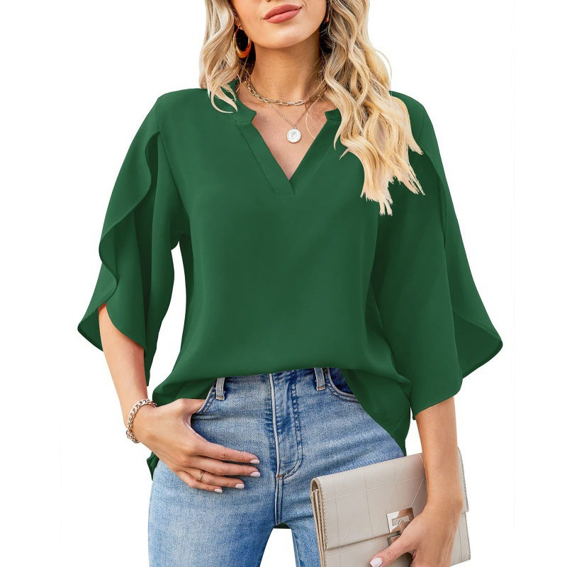 Damen Bequeme Bluse mit weiten Ärmeln und V-Ausschnitt Drune