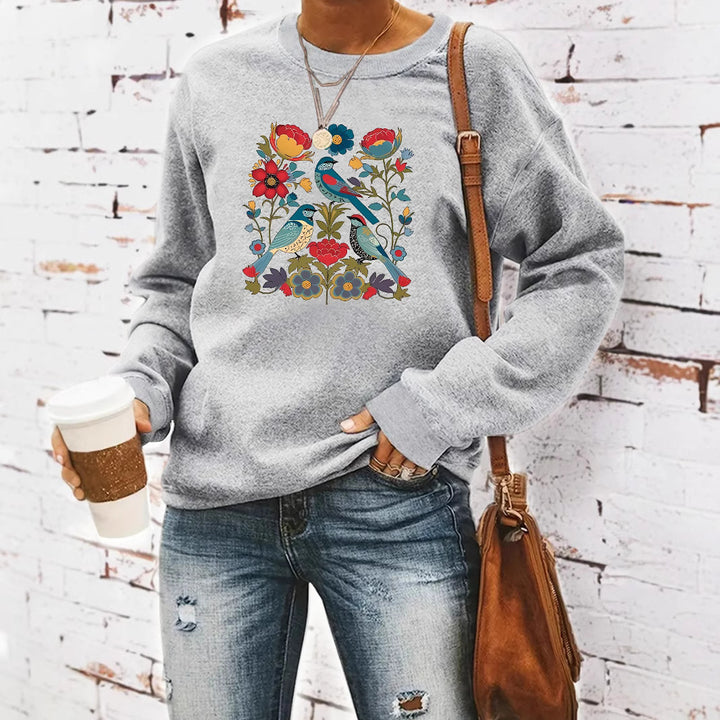Damen Sweatshirt mit floralem Vogelmotiv und lässigem Schnitt Drune