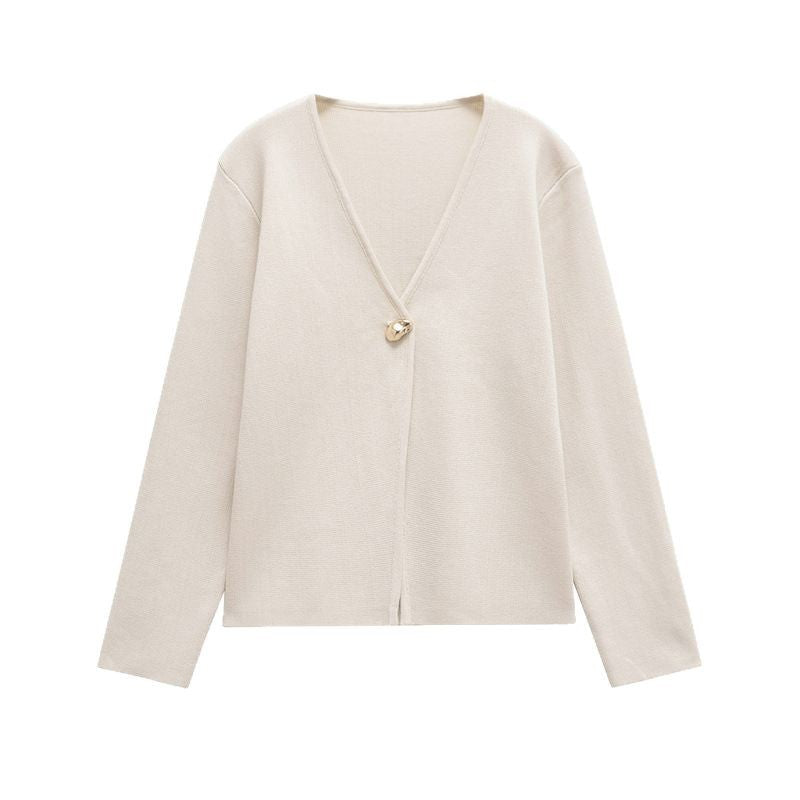 Damen schicke Strickjacke mit elegantem V-Ausschnitt und dekorativem Knopf Drune