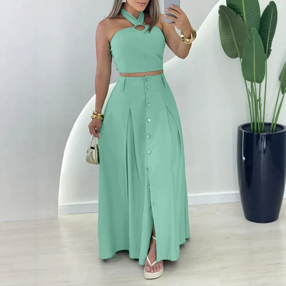 Damen elegantes Crop-Top und Maxirock-Set mit Knopfleiste und Schlitz Drune