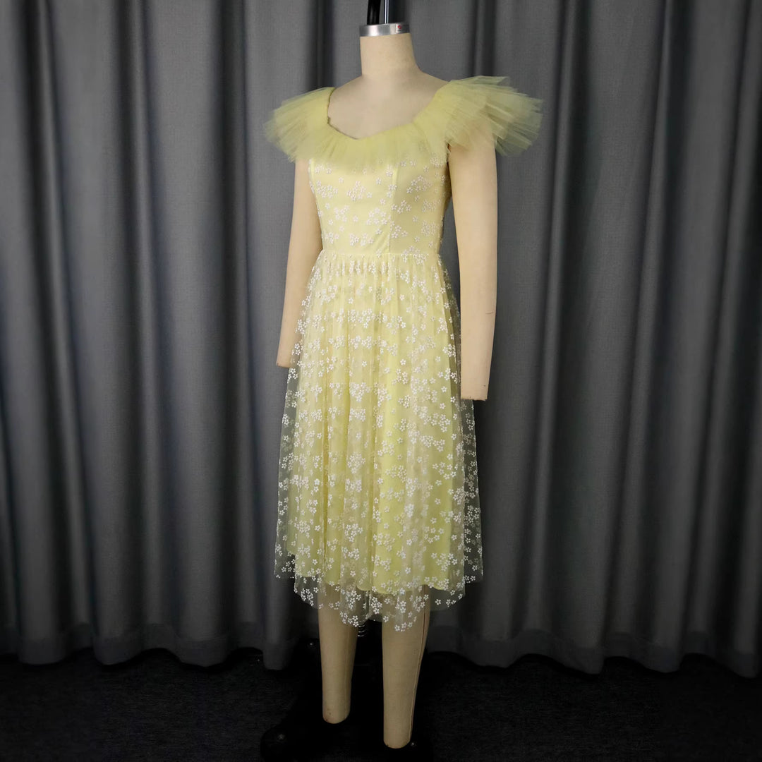 Damen festliches Blütenkleid mit voluminösen Tüllärmeln Drune