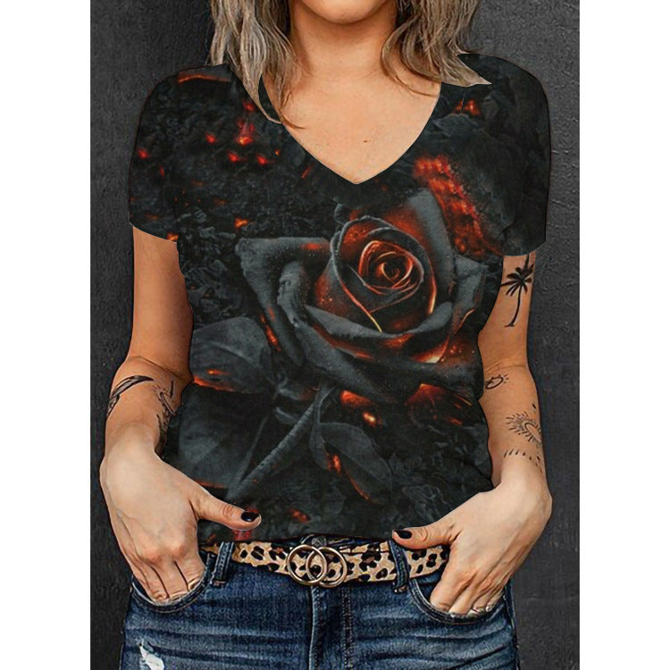 Damen V-Ausschnitt T-Shirt mit floralem Überblendedesign Drune