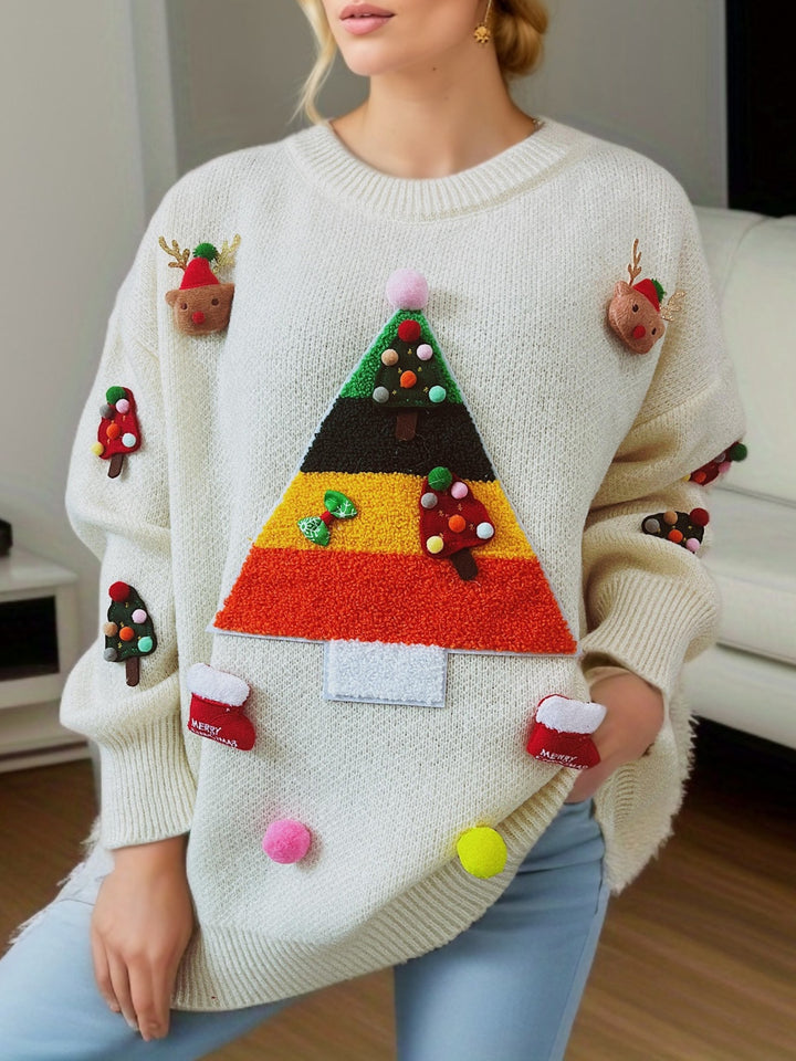 Damen Weihnachts-Pullover mit fröhlichem Weihnachtsbaum-Design und 3D-Applikationen Drune
