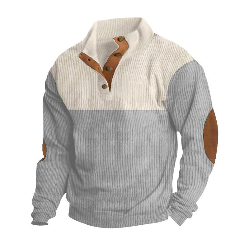 Herren nan grober Rippstrick-Pullover mit Stehkragen, Knopfleiste und markanten Ellenbogenpatches Drune