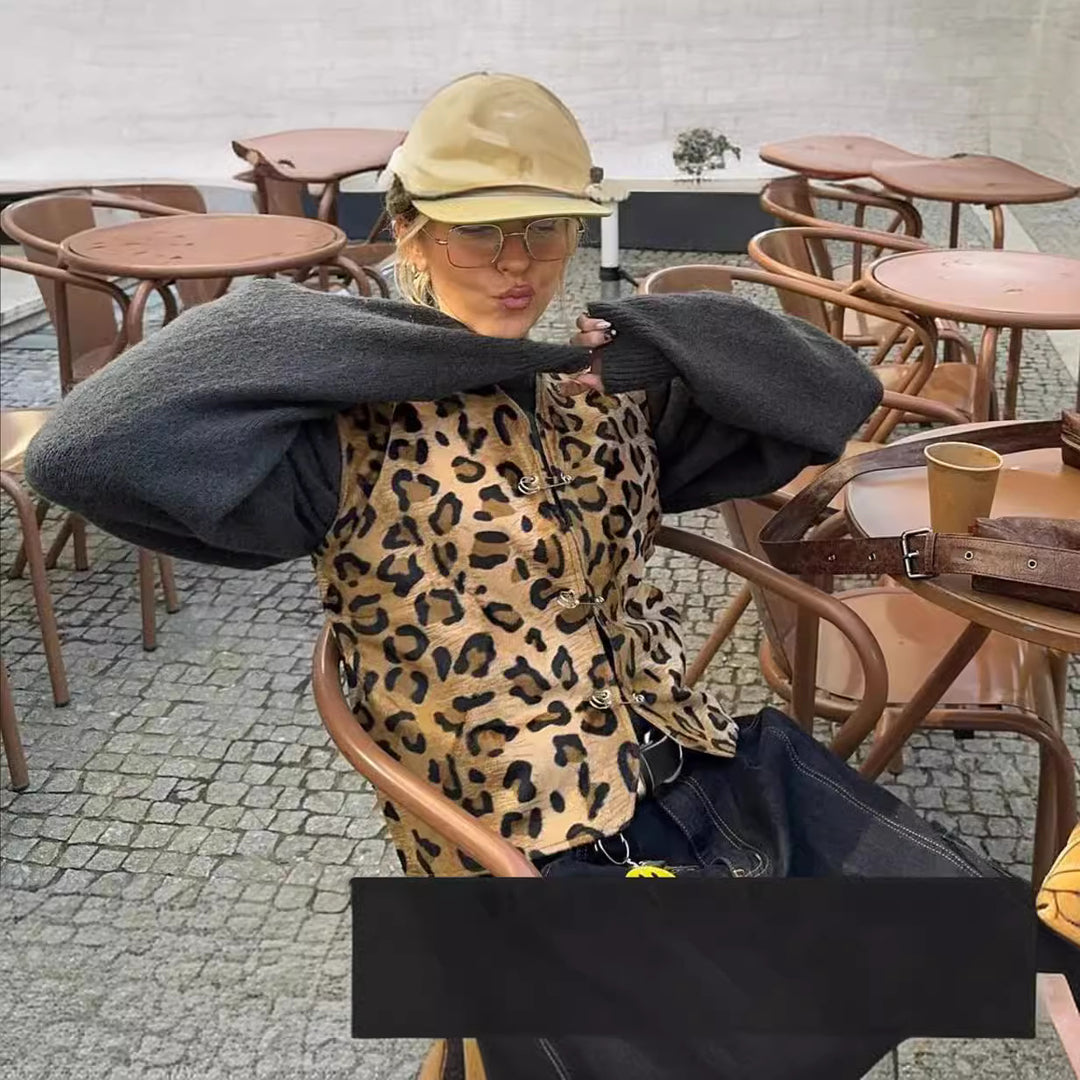 Damen modische Weste im Leopardenmuster mit komfortablen Ärmeln Drune