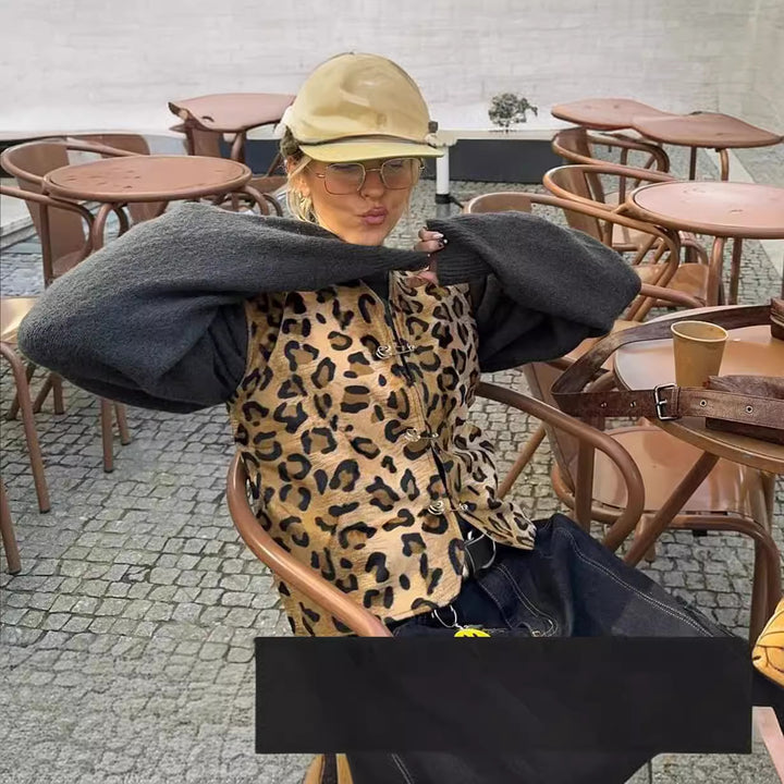 Damen modische Weste im Leopardenmuster mit komfortablen Ärmeln Drune