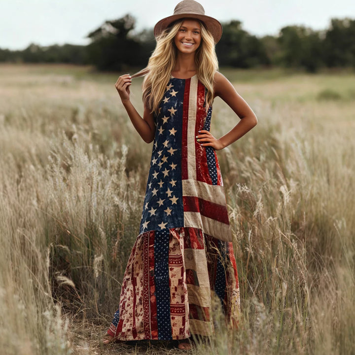 Damen Ethno-Inspirierte Maxikleid mit Flaggenmuster und Rüschensaum Drune