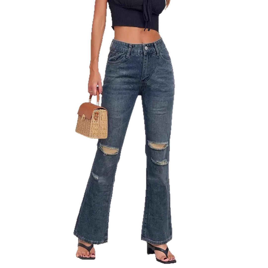 Damen nan High‑Waist Schlagjeans mit Distressed-Kniepartie und strukturierter Denim-Optik Drune