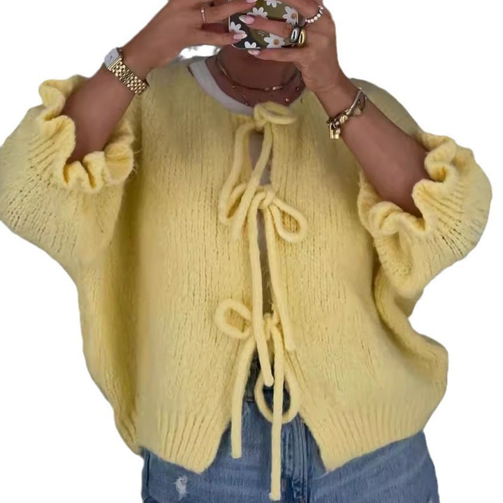 Damen trendiger Strickcardigan mit Raffungen und Bindebändern Drune