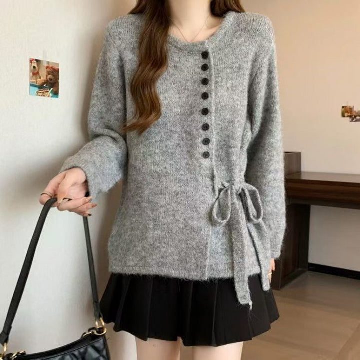 Damen stilvolle Strickjacke mit modischen Knopfdetails und Bindegürtel Drune