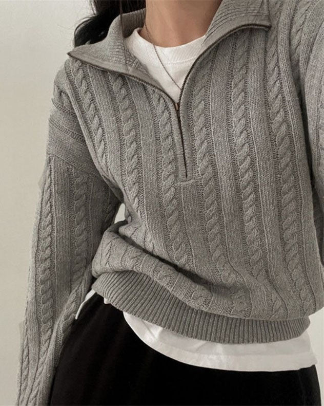 Drune Vintage Rollkragen Reißverschluss Twist Strickpullover