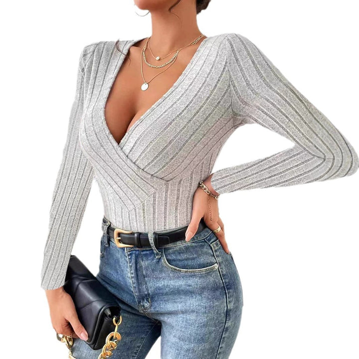 Damen Strickoberteil mit V-Ausschnitt und eleganten Rippdetails Drune