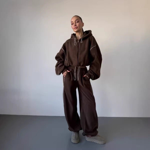 Damen lässiger Kapuzen-Sweatanzug mit weiten Hosen und seitlichem Streifen Drune